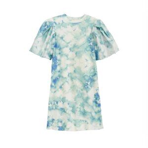 Marie Oliver Evie Dress Womens Medium Blue White Tie Dye Puff Sleeve Crew Neck